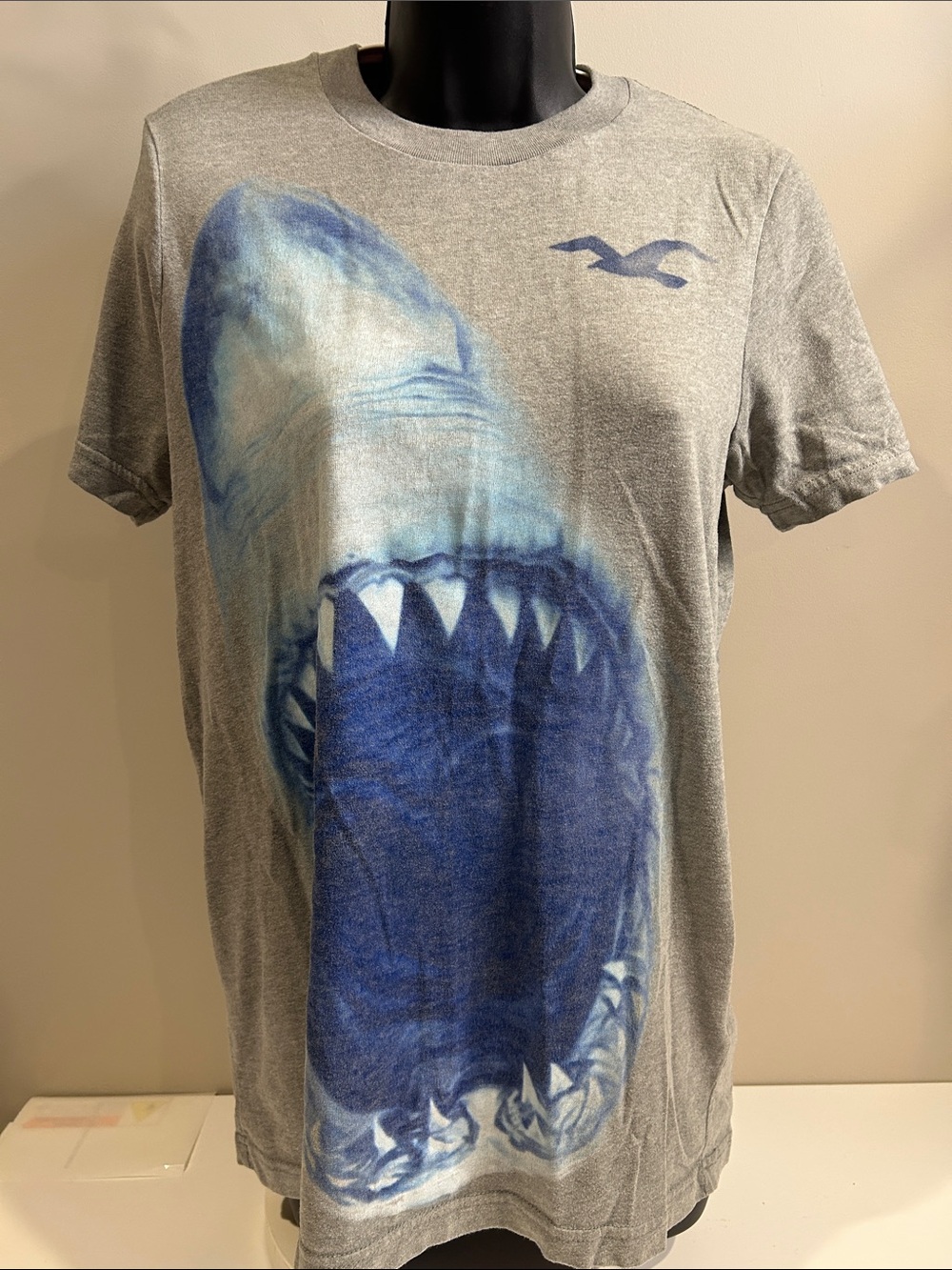 Hollister Grey Tee with Large Blue Shark Print